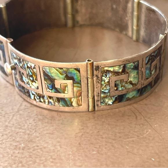 Vintage Sterling Silver Mexican Abalone Station Bracelet Greek Key Design - Picture 9 of 11